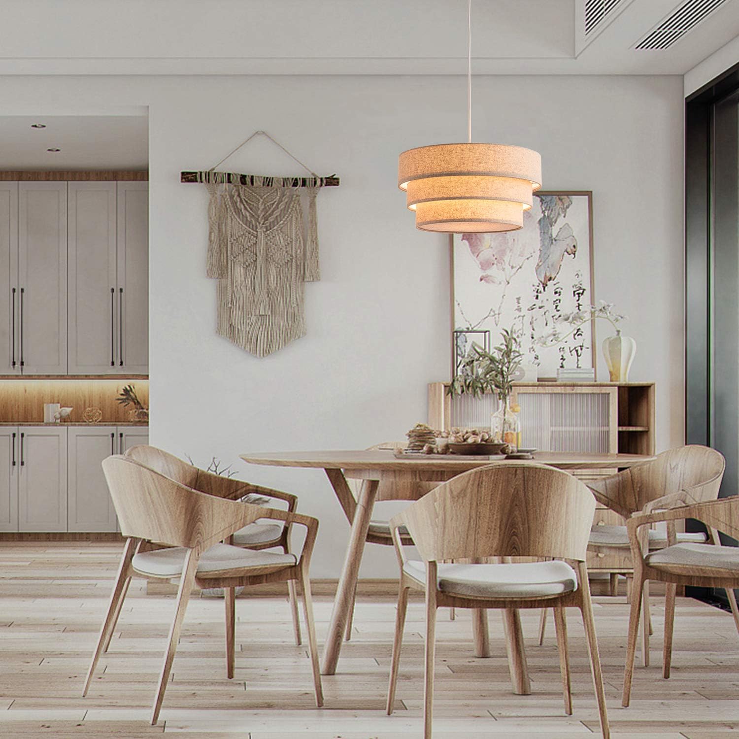 Rustic Pendant Lighting with Grey Linen Fabrics Lampshade Drum Pendant Light Modern Chandelier Adjustable Hanging Light Fixture for Kitchen, Foyer, Dining Room, Entryway Hallway Polished Nickel Finish - - 