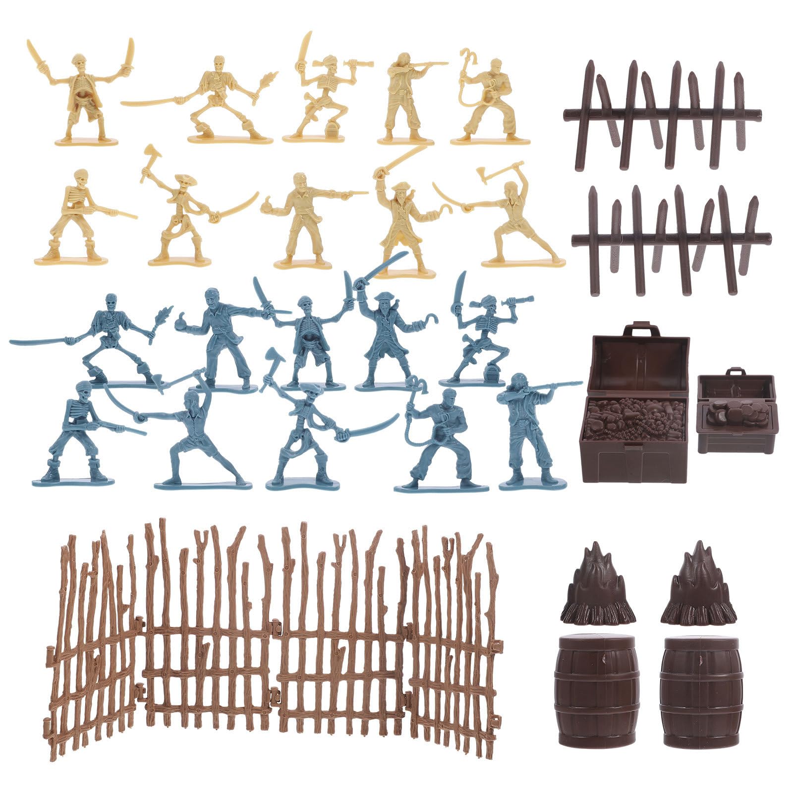 43PCS Pirate Militarys Soldier Playset, Plastic Army Men Figures Militarys Playset Army Soldiers Buckets Fences Bonfires and Treasure Chest Combat Toys for Kids' Pretend Play and Adventure