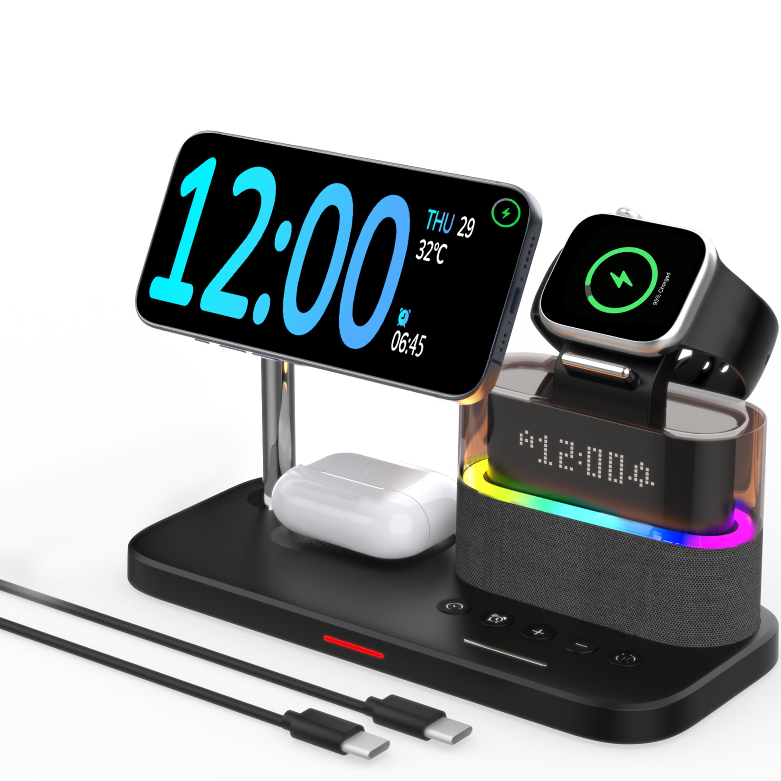 GLILAVOX 5 in 1 Wireless Charger with Alarm Clock for Apple, Magnetic Wirelss Charger Stand for iPhone 17/16/15/14/13/12,Charger for iWatch 11/10/9/8/Ultra 3/2/1,AirPods 4/3/2/Pro3/1(Black)