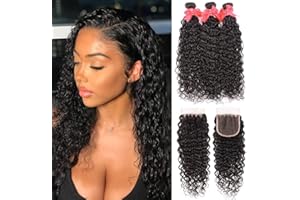 MISS GAGA 10A Water Wave Bundles with Closure (16 18 20 +14) Wet and Wavy Brazilian Virgin Human Hair 3 Bundles with 4x4 Lace Closure with Baby Hair Free Part 1B# Curly Wave Human Hair Extensions
