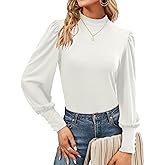 Qirno Womens Mock Neck Puff Long Sleeve Tops Casual Loose Solid Basic T Shirt Button Cuffs Pullovers Shirts Blouse