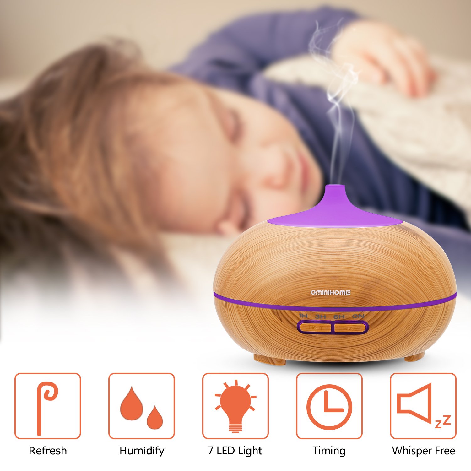 Ominihome Aromatherapy Essential Oil Diffuser, Wood Grain 300ml, 4 Time Setting, Ultrasonic Cool Mist Humidifier for Home, Office, Spa Baby, Yoga (shallow wood grain)