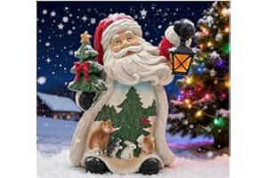 MeritMode Fat Santa Claus Figurine and Statues - Resin Santa Sculpture with Cute Animals, Beautiful Lantern and Christmas Tree, Suitable for Fireplaces and Tables, Bookshelf, Nativity Tabletop, 8.5”H