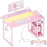 MOTPK Pink Gaming Desk with Led Lights & Power