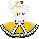 IBTOM CASTLE Baby Girls First Birthday Outfit Bee Romper Tutu Skirt Bowknot Headband Cake Smash Photoshoot Clothes