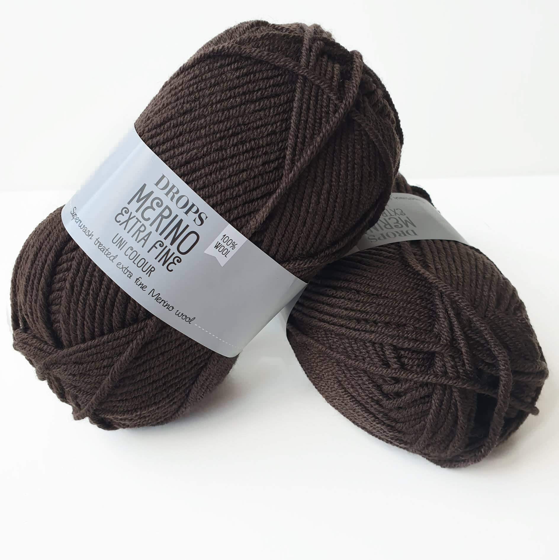 Superwash 100% Merino Wool Yarn for Knitting and Crocheting, 3 or Light, DK, Leight Worsted Weight, Drops Merino Extra Fine, 1.8 oz 115 Yards per Ball (09 Dark Brown)