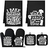 Sratte 6 Pcs Kitchen Decor Accessories Set Farmhouse Towels Pot Holders Oven Mitts Set 2 Dish Towels 2 Potholders 2 Cooking Mittens Oven Glove for Christmas Baking Cooking Supply(Black,Baking)