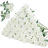 InnoGear 50 Pcs White Roses Artificial Flowers, Fake Velvet Silk Rose Bulk Faux Flower for Decoration DIY Wedding Centerpieces Proposal Bridal Bouquets Shower Party Home Floral Decor (50, White)