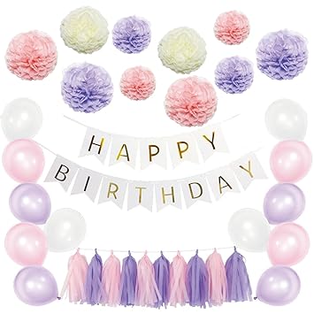 Purple And Pink Birthday Decorations Pom Poms Flowers Kit Happy