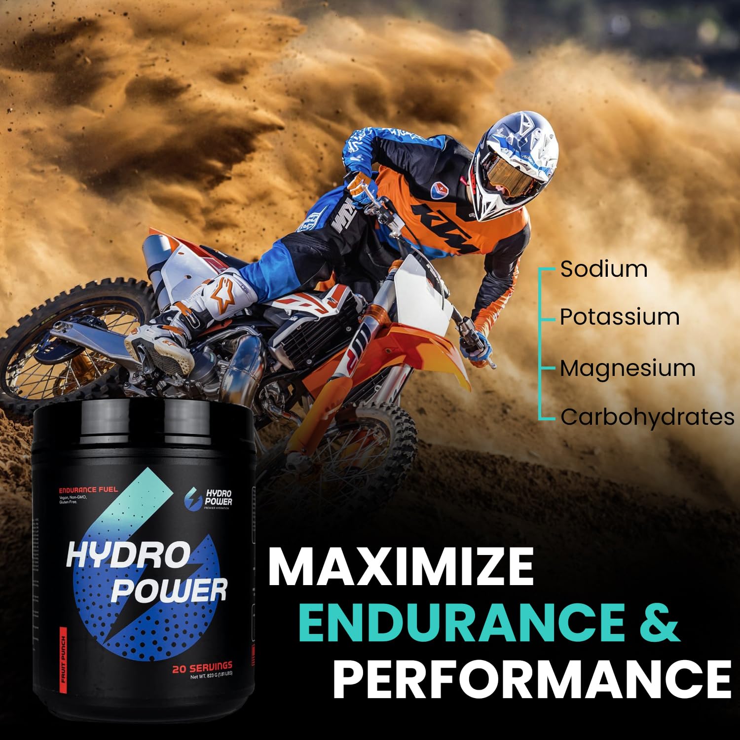 Hydro Power Endurance Fuel High Carb Supplement - Maximize Endurance & Performance with Superior Electrolyte & Calories Mix - Vegan, Non-GMO, & Gluten Free - Blue Razz Flavor, 20 Serving