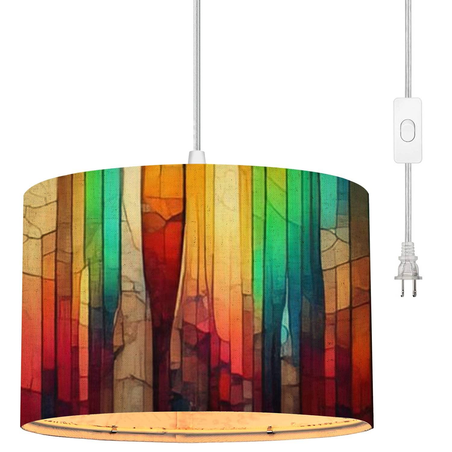 Photo 1 of Plug in Pendant Light Colorful stained glass window Abstract stained glass Art Nouveau Hanging Lamp with 16.4FT Plug in Clear Cord Fabric Shade Dimmable Switch for Bedroom Living Room Kitchen