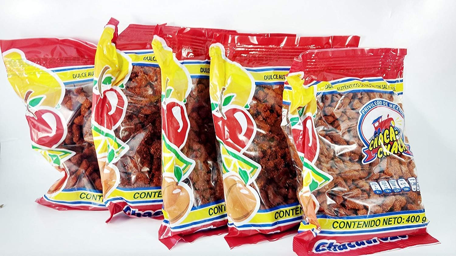 PACK 5 OF CHACA-CHACA AUTHENTIC MEXICAN CANDY OF FRUITS WITH SALT AND CHILI 400gram Authentic Mexican Candy with Free Chocolate Kinder Bar