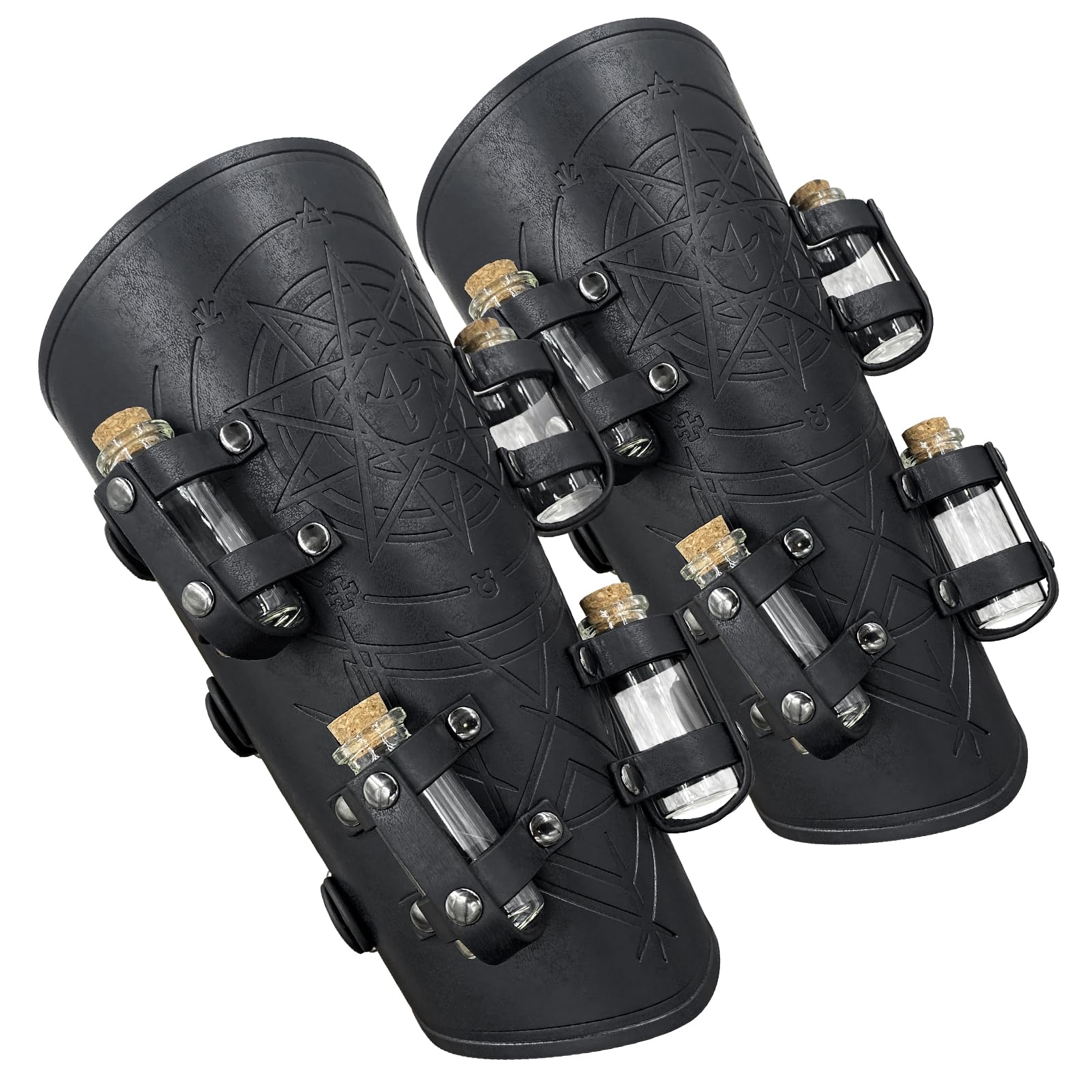 HiiFeuer Medieval Embossed Alchemy Bracers with 8 Cork Vials, Fantasy Faux Leather Buckle Arm Guards Magic Archer Gauntlets (Black A)