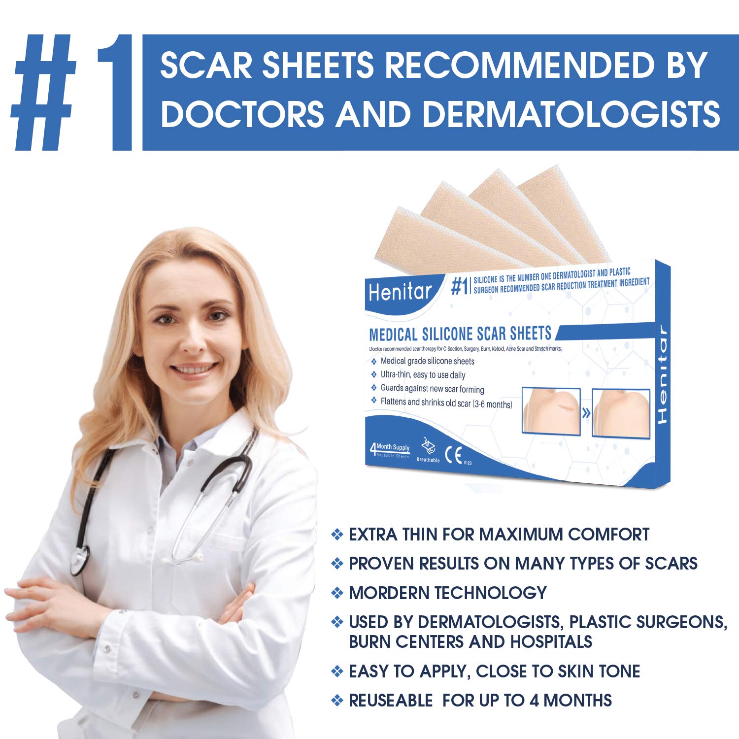 HENITAR Medical Silicone Scar Sheets, Soften and Flattens Scars, Ideal for Stretch Marks, Works on Old & New Scars, C-Section, Surgery, Burn, Injuries, Acne, and more scars, 5.7"×1.57” : Beauty
