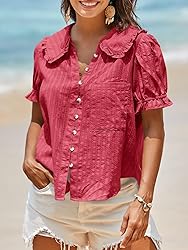 Tankaneo Womens Puff Sleeve Shirts Peter Pan Collar