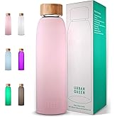 Urban Green Glass Water Bottle with Protective Silicone Sleeve and Bamboo Lid, 18oz, 1extra 304 Stainless Steel Lid with Handle, BPA Free, Dishwasher Safe, Valentine Gift