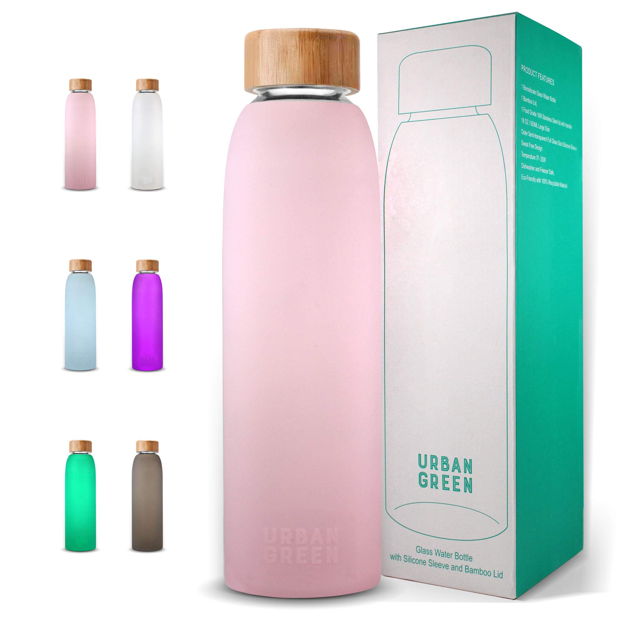 Urban Green Glass Water with Protective Silicone Sleeve and Bamboo Lid, 18oz, 1extra 304 Stainless Steel Lid with Handle, BPA Free, Dishwasher Safe (Ballerina Pink)