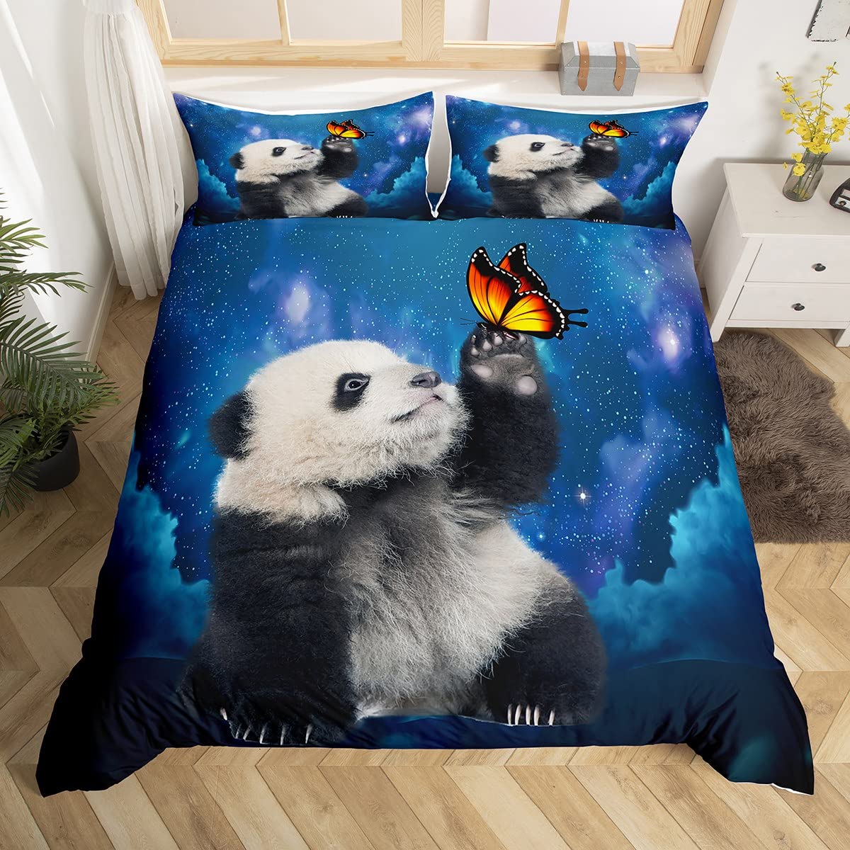 Panda Bedding Set Galaxy Panda Bear Printed Comforter Cover for Kids Boys Girls Teens Cute Animal Pattern Duvet Cover Cartoon Giant Panda Design Bedspread Cover Quilt Cover Double