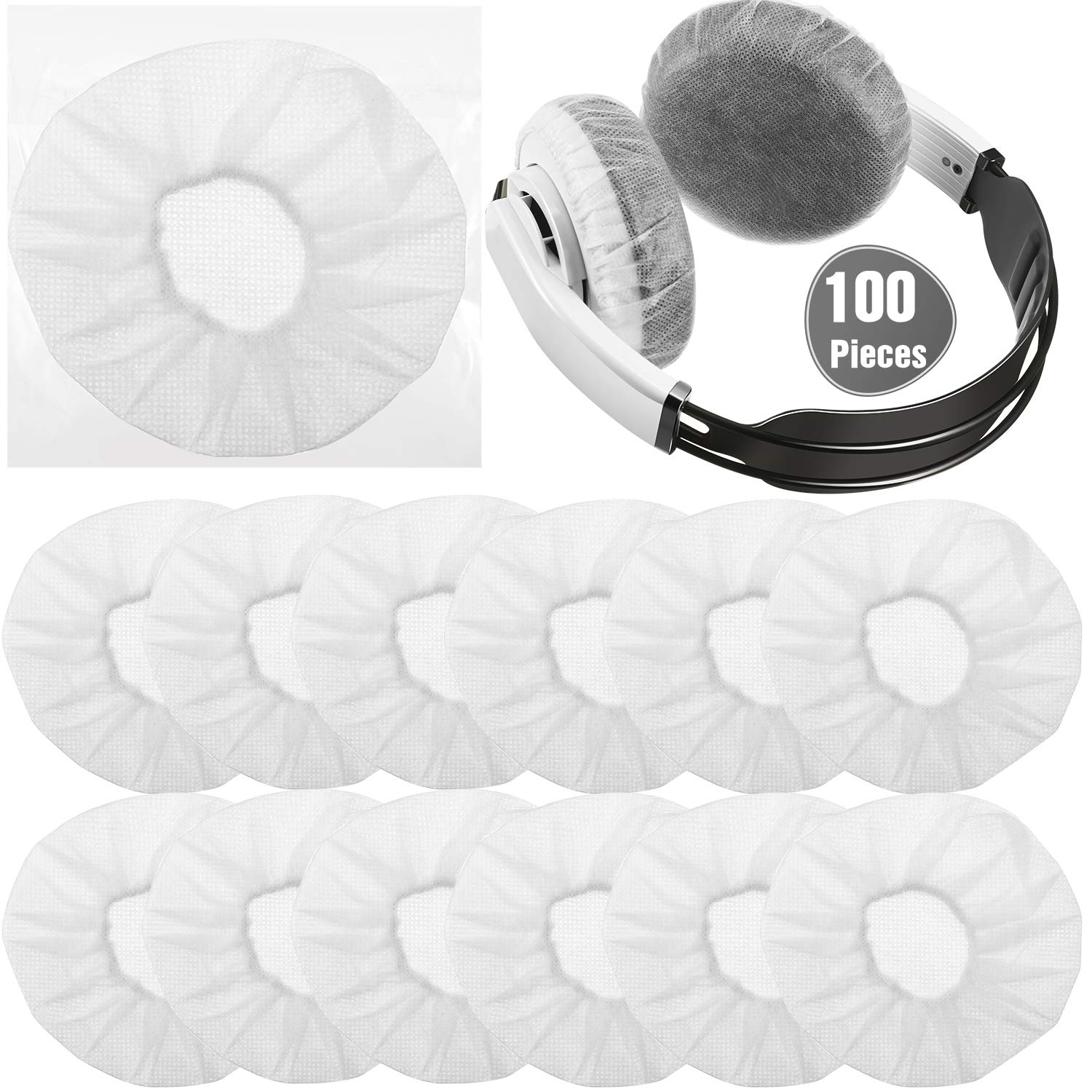 100 Pieces Headphone Ear Covers Disposable Non-Woven Earpad Covers Stretchy Earcup Covers Fit for Most on Ear Headphones (11 cm, White)