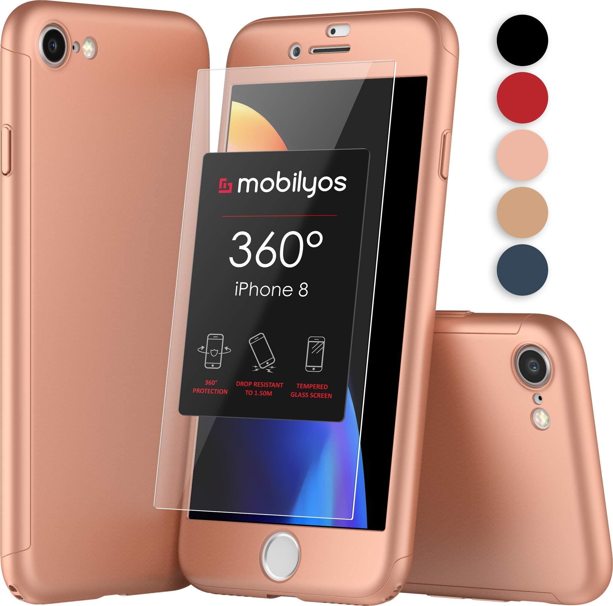 360 iPhone 8 Case - Ultra-Thin Full Body Protective Cover for iPhone 8 with Tempered Glass Screen Protector – Hard and Slim Fit Case for Apple iPhone 8 (Rose Gold)