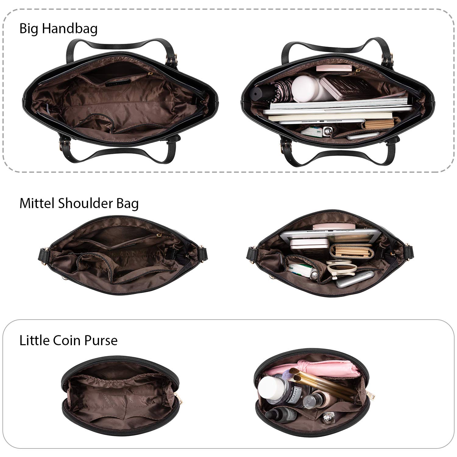 LOVEVOOK Handtaschen Damen Set, Tasche für Damen Umhängetasche Schultertasche Geldbörse Cross Body Bag Shopper Henkeltasche Tote Tasche 3PCS PU Leder Schwarz