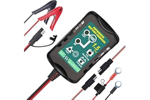 VEMOTE 12V / 6V Battery Trickle Charger Maintainer, 1.5A Automatic Smart Float Charger Battery Charger for Motorcycle Lawn Mower Car Boat Tractor ATV, SLA VRLA Gel Cell AGM Lead Acid Batteries