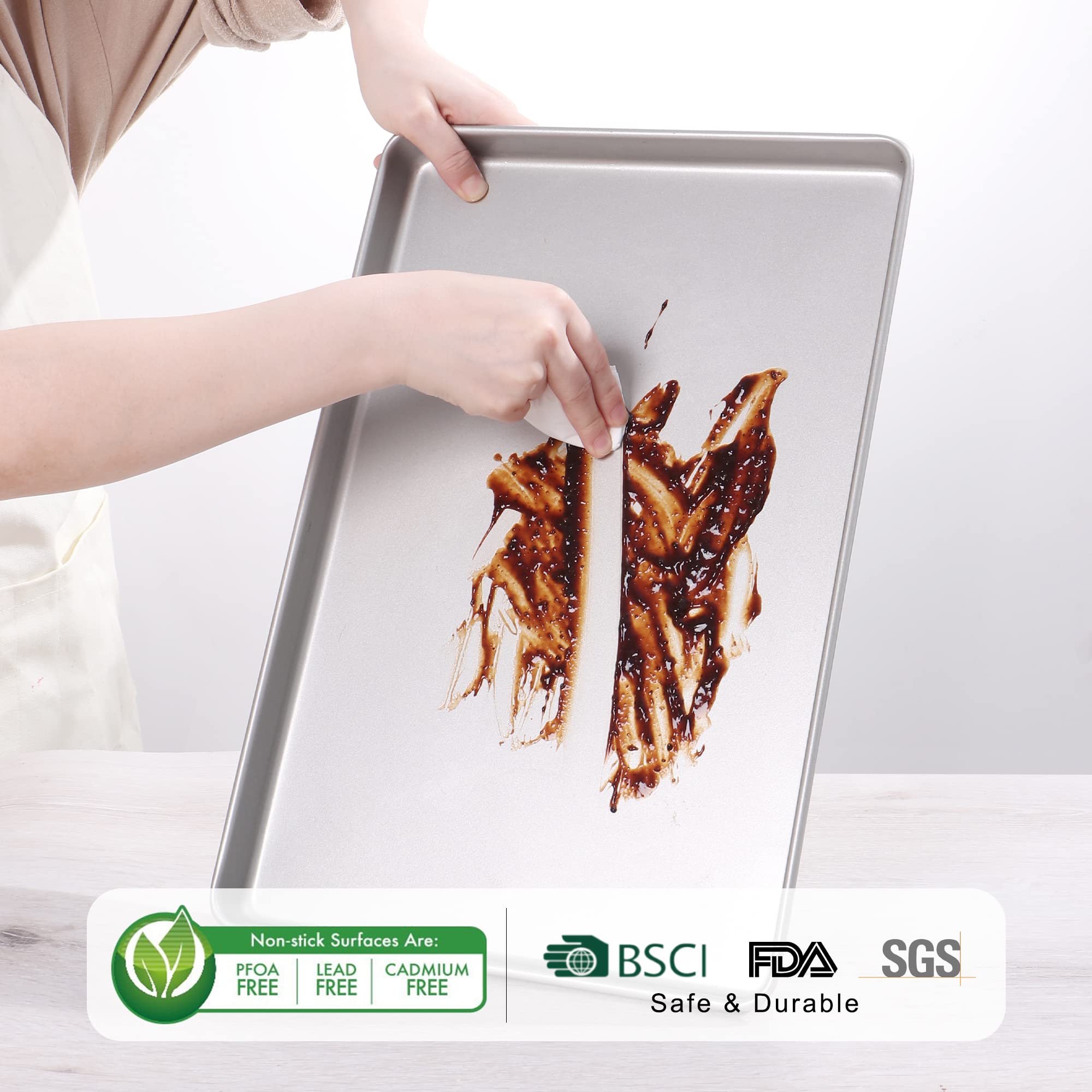 HONGBAKE Half Baking Sheet Pan Set of 2, Nonstick Cookie Sheet for Oven, Heavy Duty 1/2 Commercial Cookie Trays, Dishwasher Safe - Silver