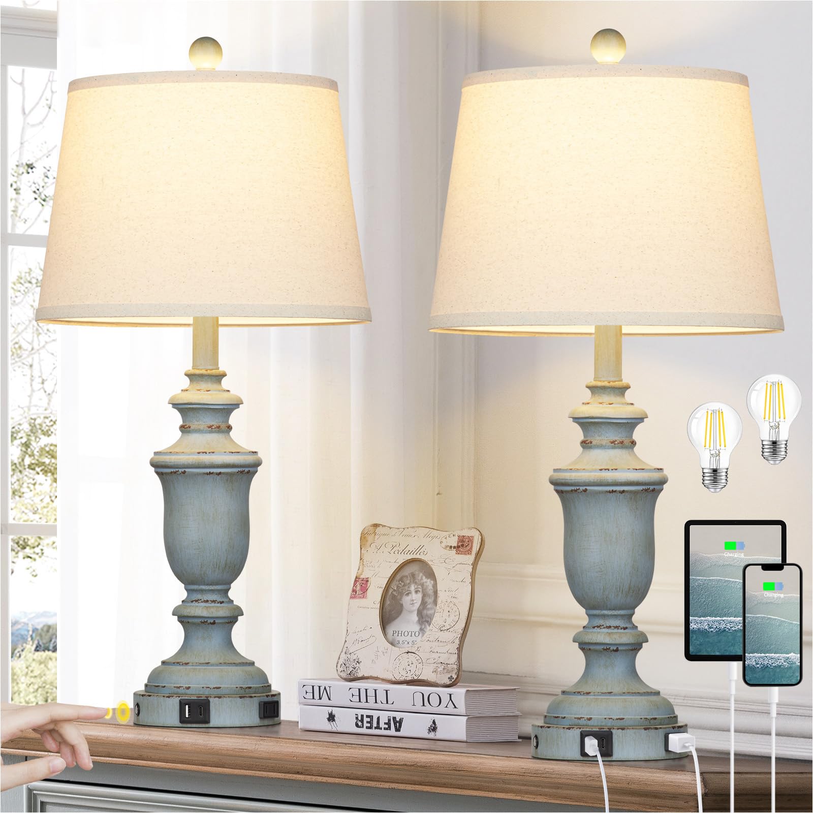 Photo 1 of Cinkeda 25.6" Coastal Table Lamps Set of 2 with USB C+A Ports & AC Outlet for Rustic Living Room Retro Bedroom,3-Way Dimmable Touch Lamp Bedside Lamps for Nightstand Side End Table,Retro Blue