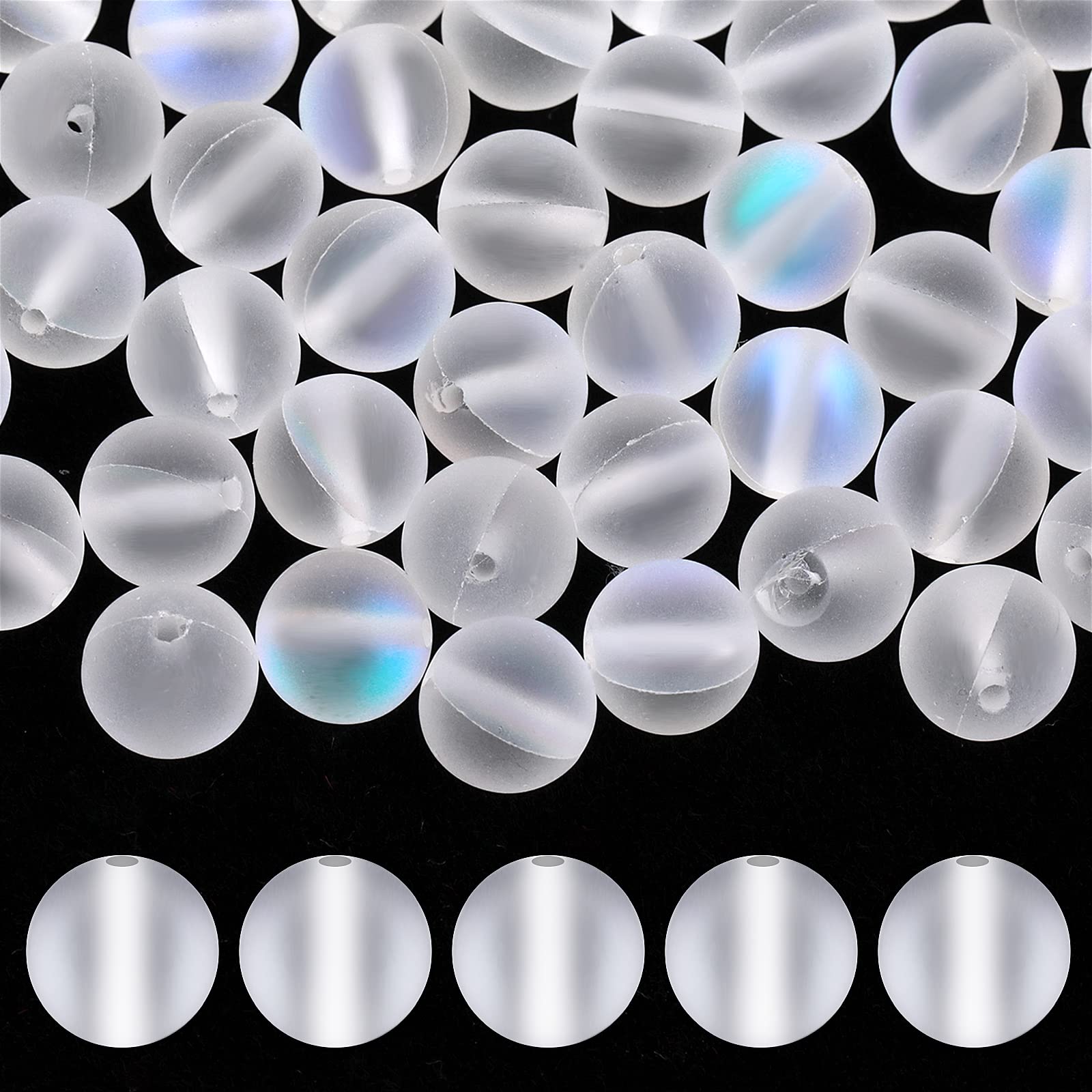 Abeillo 110Pcs Matte Aurora Crystal Glass Beads, 8MM/6MM White Glitter Round Glass Beads Frosted Crystal Glass Beads Refractive Glow for Jewelry Making Crafts DIY