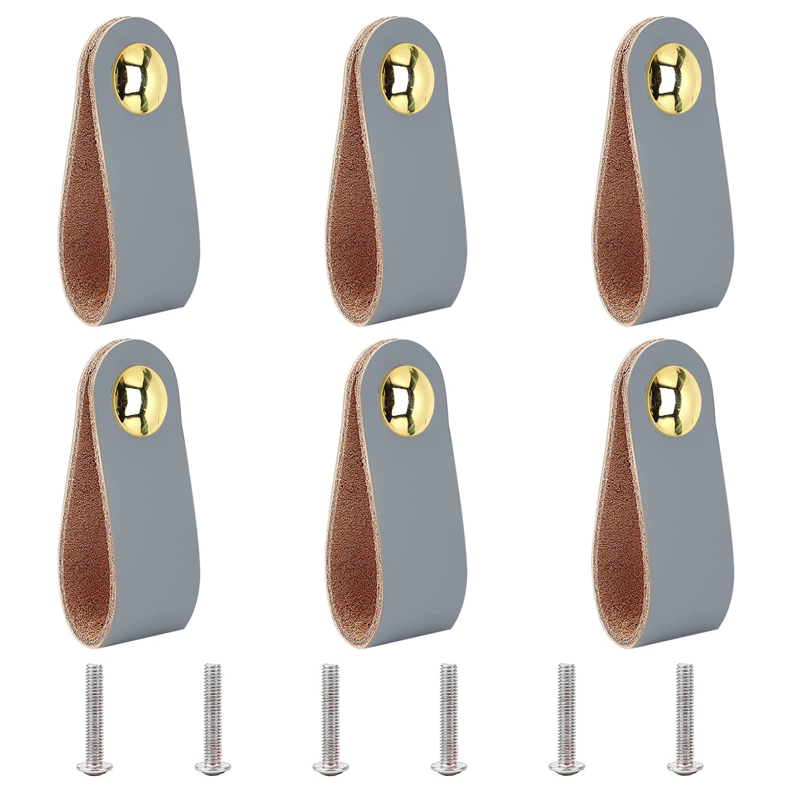 GORGECRAFT 6Pcs Leather Handles Vintage Cabinet Door Handle Gray Color Leather Drawer Pulls for Kitchen Bathroom Cabinets Cupboards Wardrobe Dresser, 143x25mm