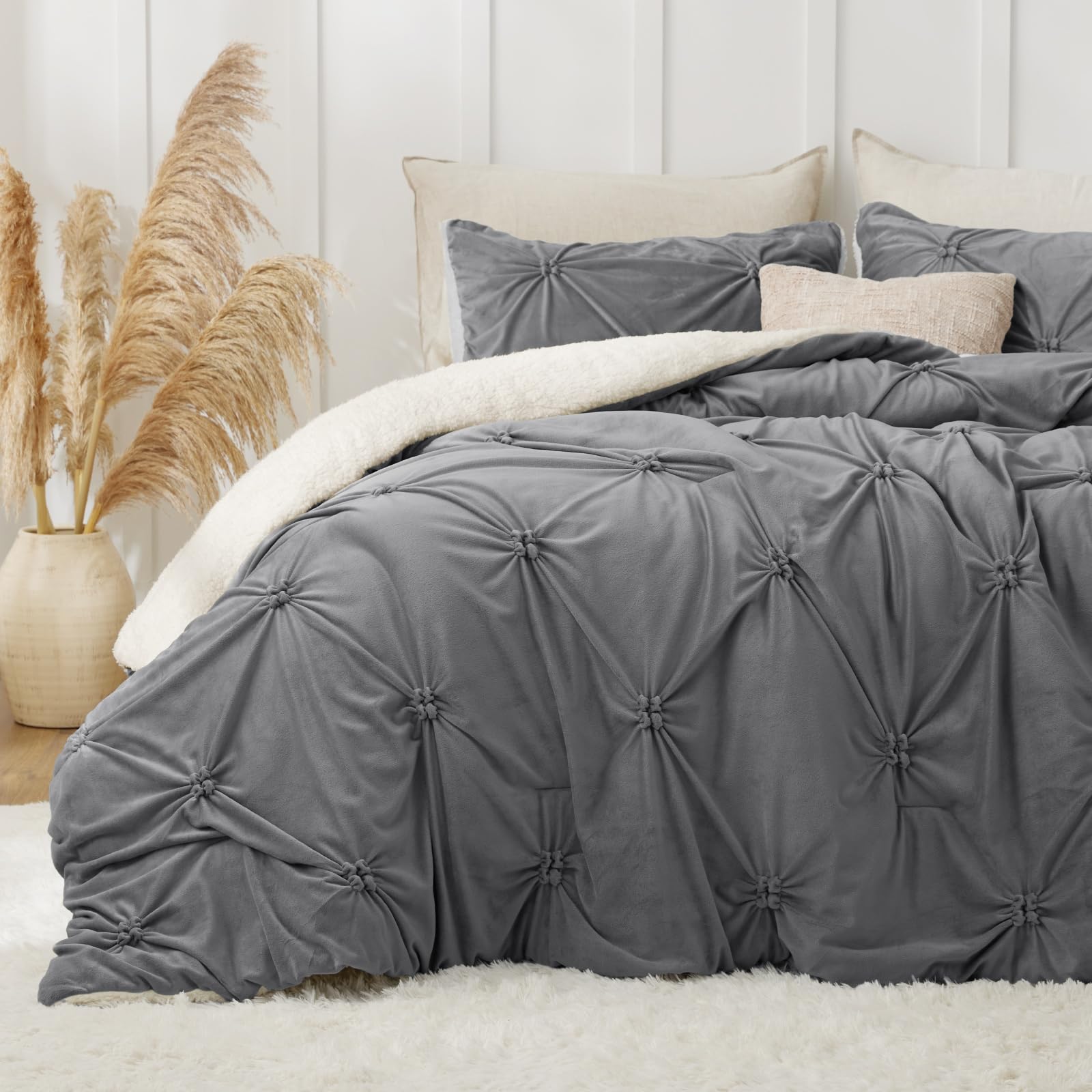 BEDELITE Pintuck Fluffy King Size Comforter Set - Super Soft Sherpa Grey Comforter for King Size Bed, Luxury Warm Bedding Set for Winter, Fuzzy Bed Set 3 Pieces (1 Comforter, 2 Pillowcases) Image