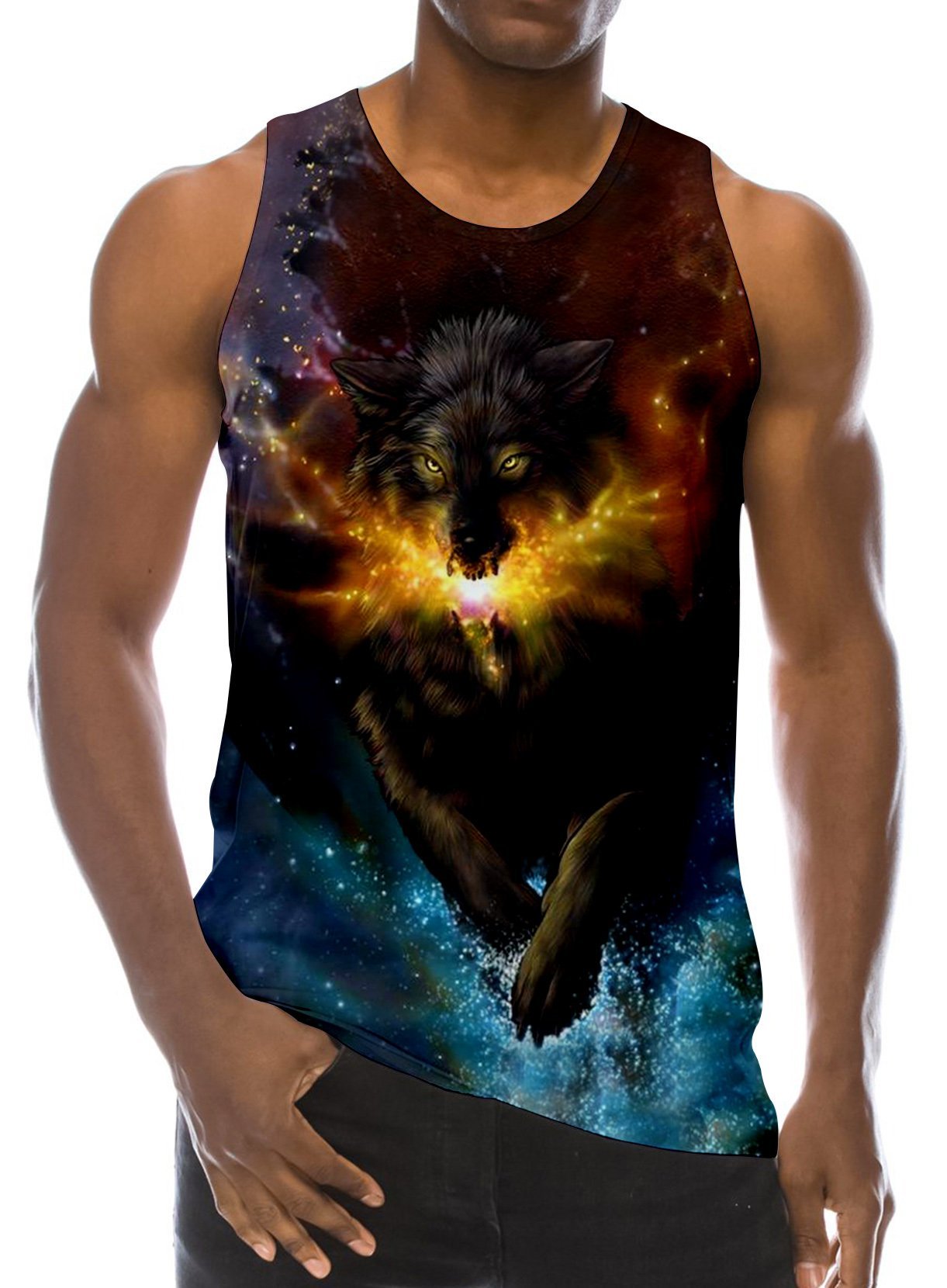 RAISEVERN 3D Wolf im Feuer Drucken Lustige Muster Realistische Underwaist Gym Tank Tops für Herren X-Large