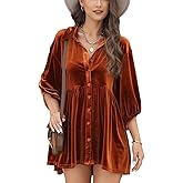 Melliflo Velvet Tops for Women Button Down T Shirt 3/4 Sleeve Tunic Tops Casual Lapel Babydoll Mini Dress
