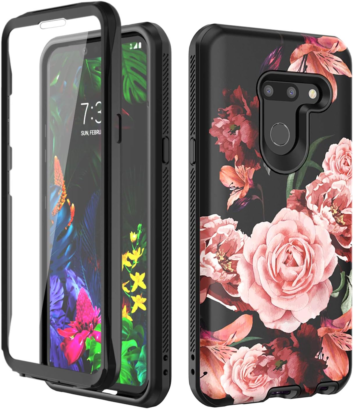 SKYLMW Case for LG G8 ThinQ 2019,[Built in Screen Protector] Shockproof Anti-Scratch Full Body Hard Plastic & Soft TPU Three Layer Protection Rugged Cover for LG G8 for Women Flower