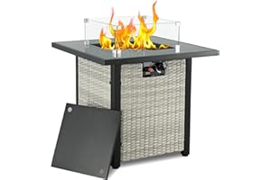 Furnimy Gas Fire Pit Table Outdoor Fire Pit 50,000 BTU Fire Table with Lid Outdoor Wicker Patio Propane Firepit w/Tempered Glass Tabletop, Clear Glass Rocks,Hideaway Tank Holder (Gray)