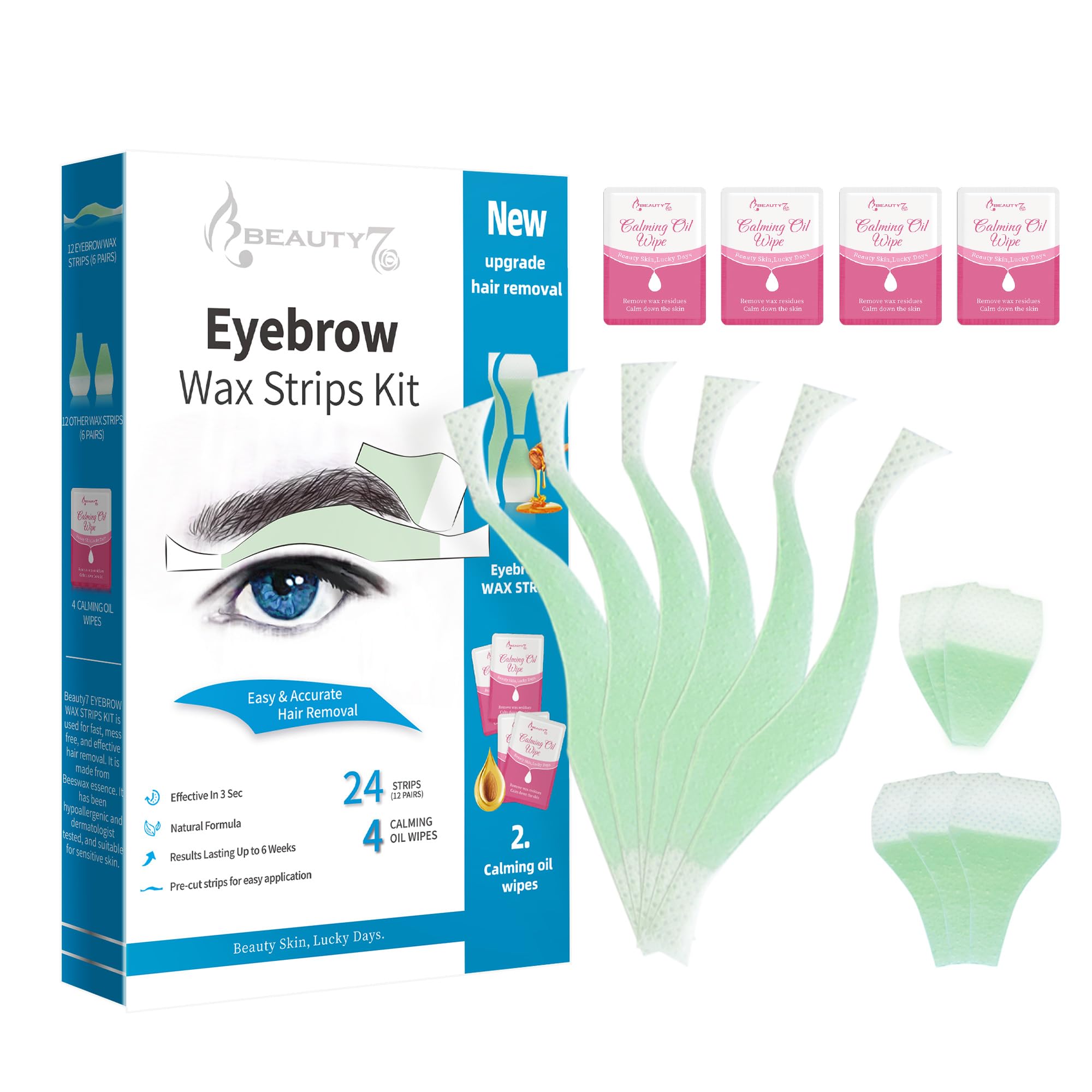 Beauty7 Men's Eyebrow Waxing Strips, Eyebrow Waxing Strips Shaper Pre-cut, 24 Eyebrow Strips with 4 Cleaner Oil Wipes, Cold Wax Strips Facial Hair Removal