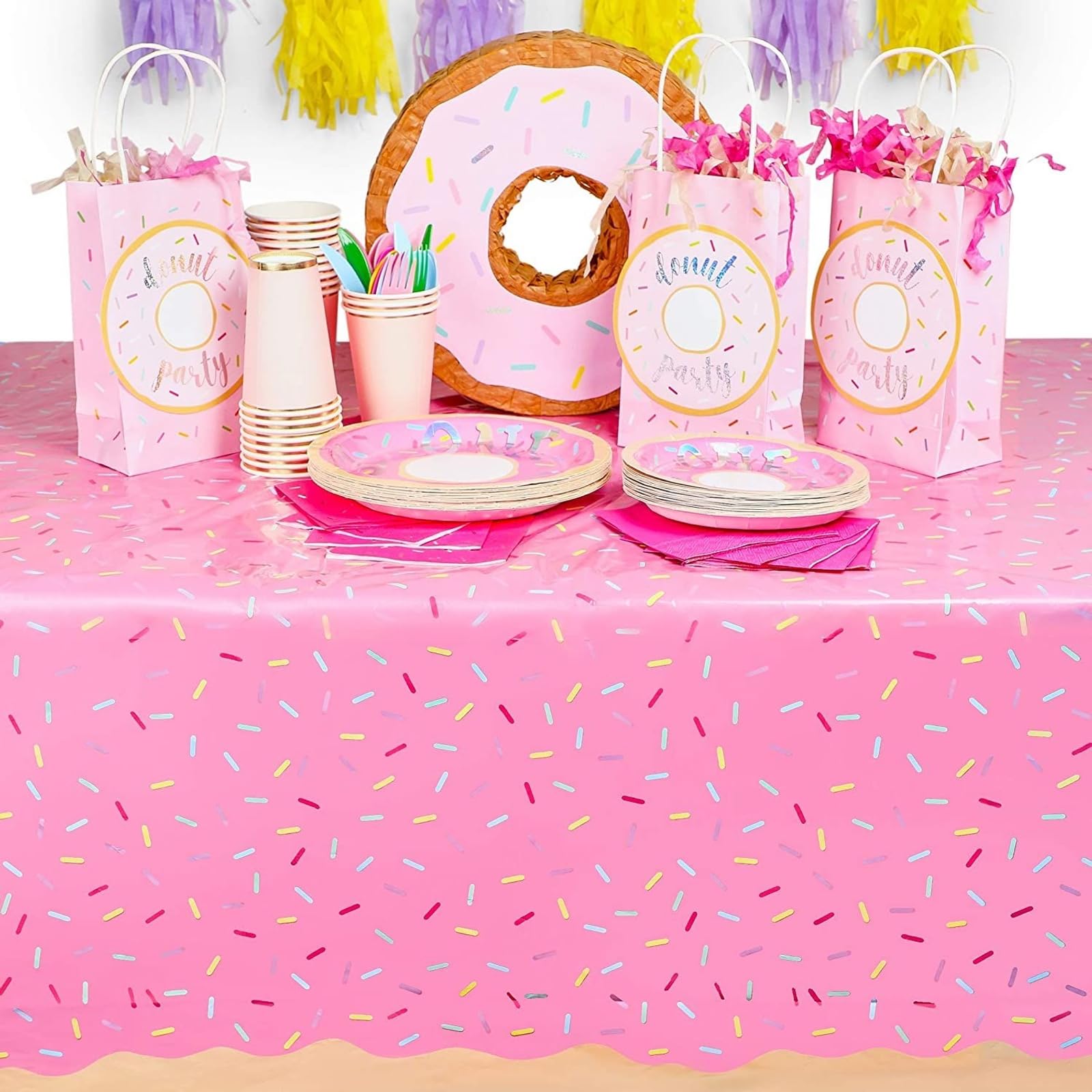 3 Pack Donut Birthday Party Table Covers, 54x108 Inch Pink Sprinkle Tablecloth, Disposable Plastic Rectangle Tablecloth for Donut Themed Birthday Parties & Events