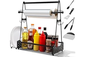 RACOBOT Grill Caddy, Blackstone Griddle Caddy with Paper Towel Holder & 4 BBQ Tools, Plates and Utensils Holder Organizer for Outdoor Grilling, Camping, Picnic, Condiment Storage for Kitchen Counter
