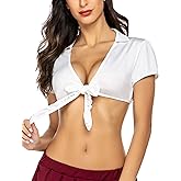 Avidlove Sexy Tops for Women Tie Front Crop Top Short Sleeve Deep V Neck School Girl Outfit Cosplay Lingerie Rave Top