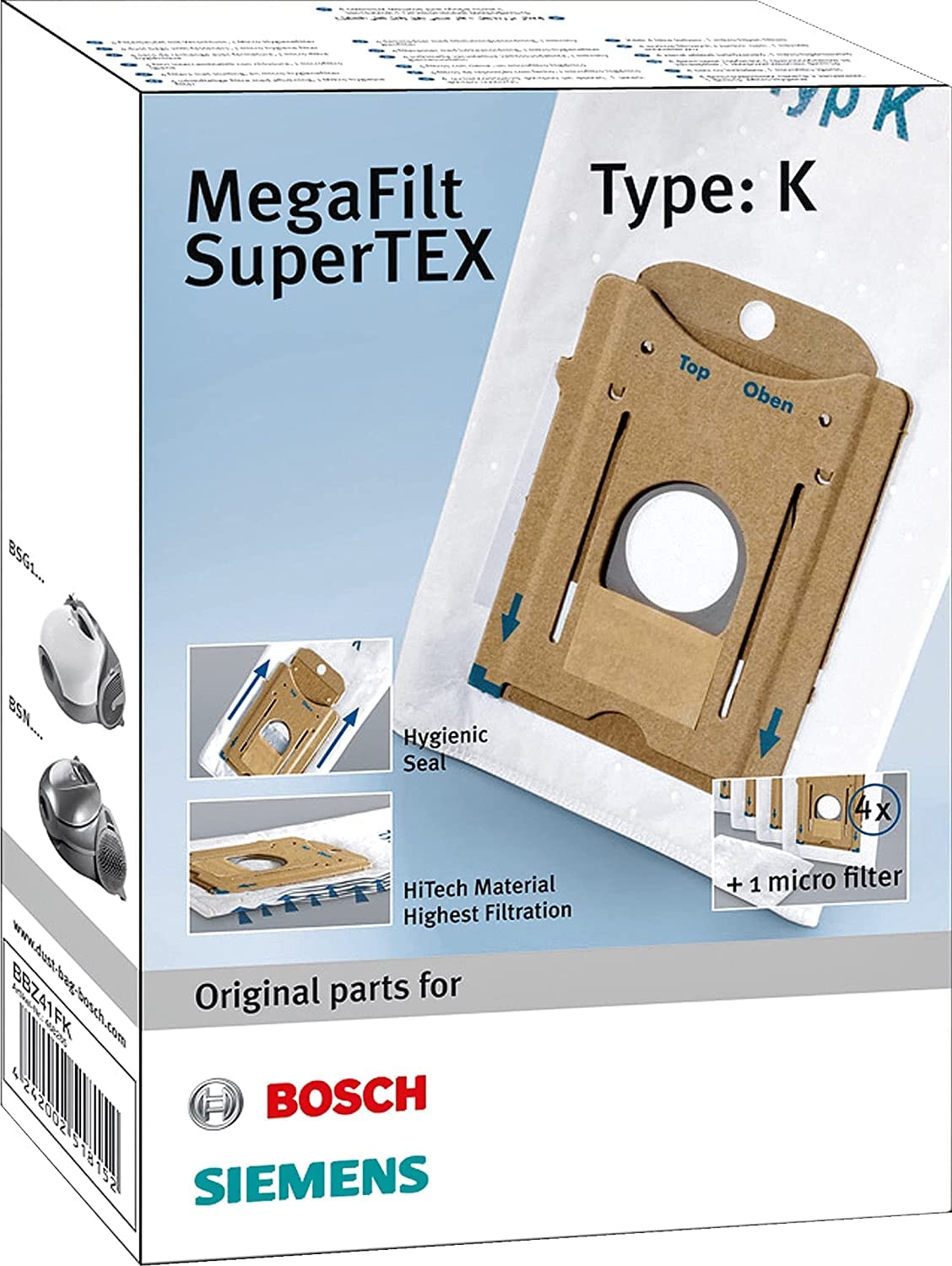 Bosch Electroménager - BBZ41FK Vacuum Cleaner Bags Typ. K - 4 Replacement Bags - MegaFilt SuperTEX + 1 Micro-Hygienic Filter - Accessories for Vacuum Cleaners