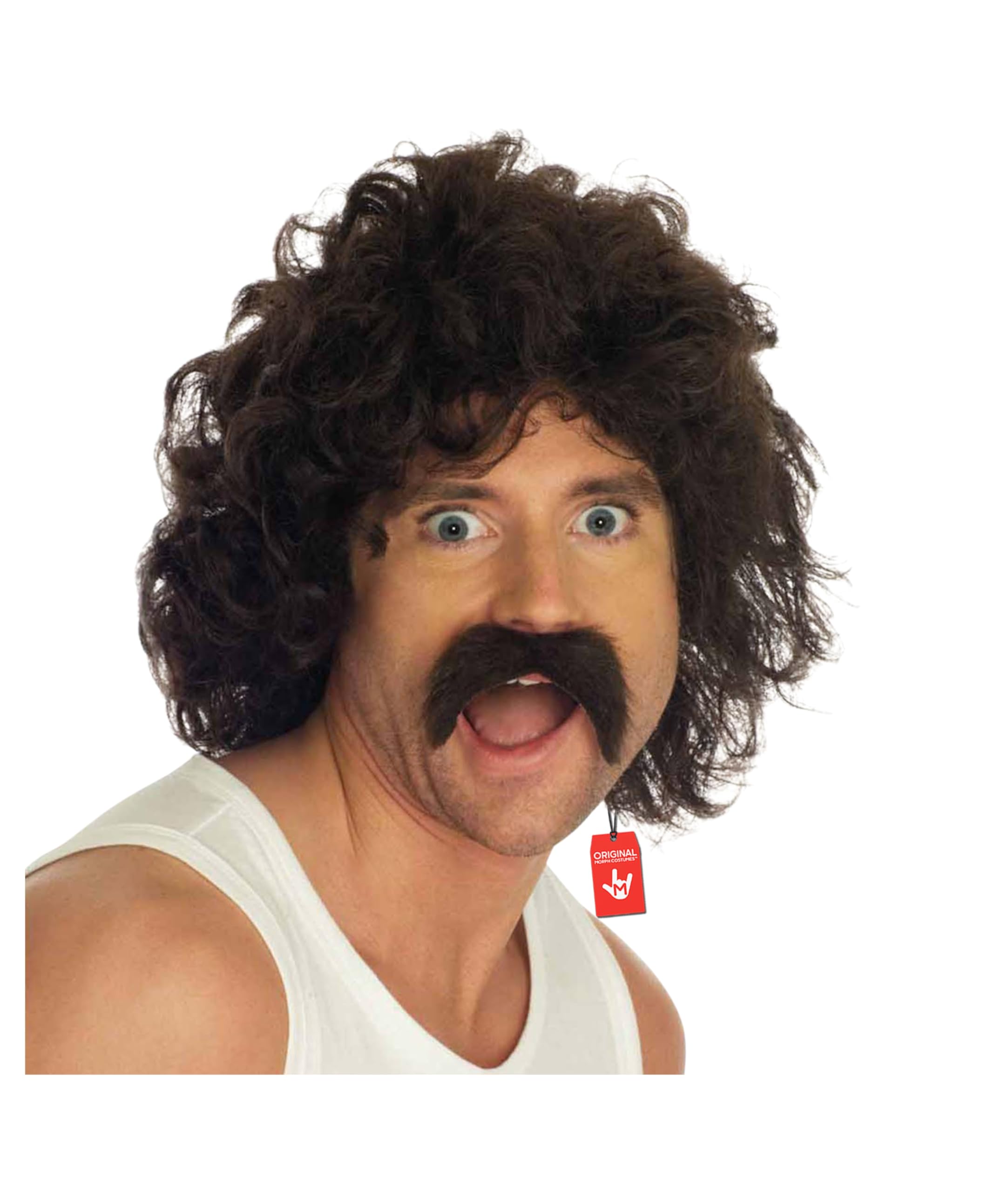 Fun Shack Brown Curly Wig For Men With Moustache | Afro Style Costume Accessory For 70s Themed Parties, One Size