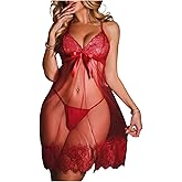 Floerns Women's 2 Piece Lingerie Set Floral Lace Mesh Sheer Backless Babydoll Nightgown with Thong