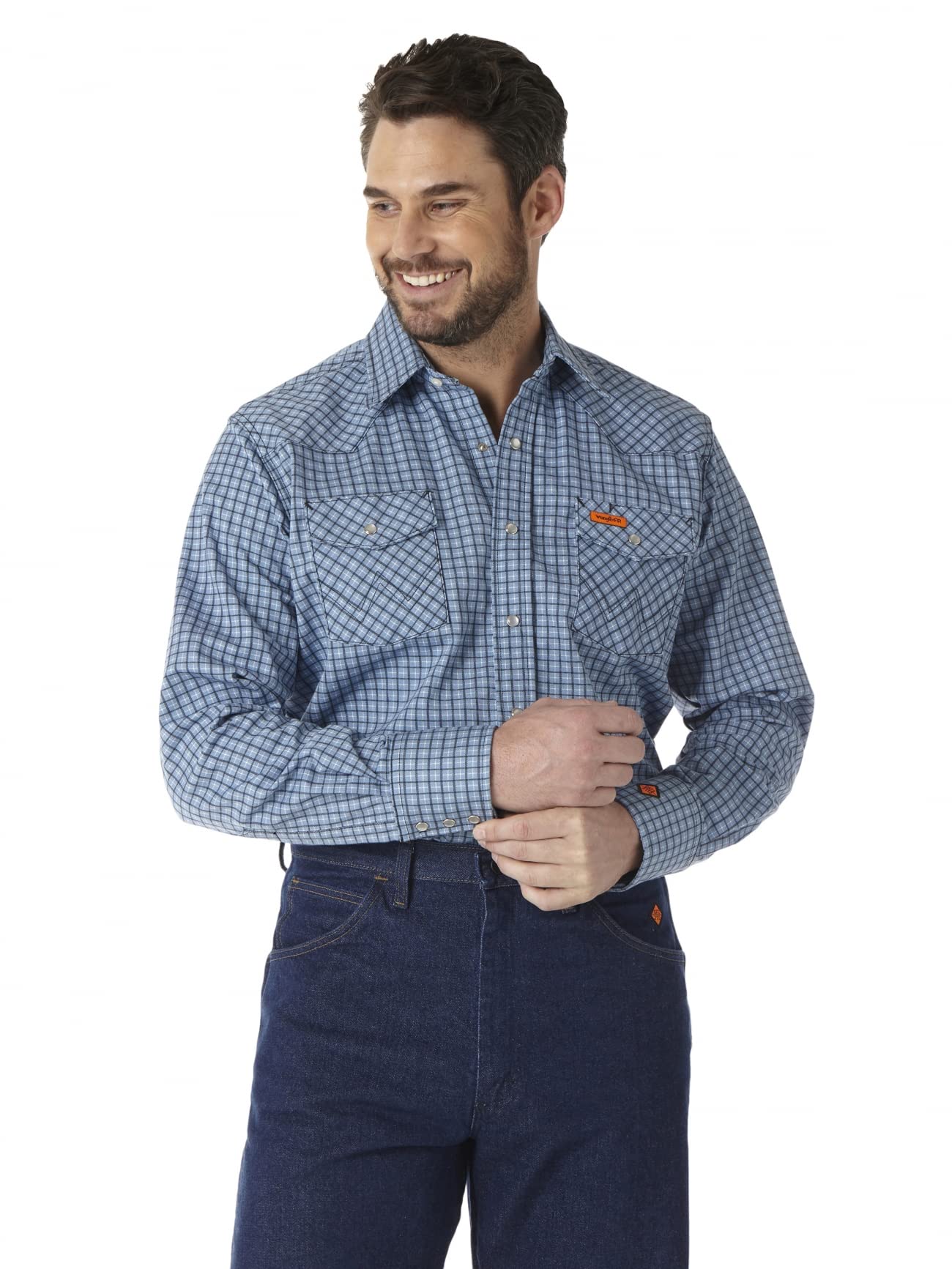 Wrangler Riggs Workwear mens Fr Flame Resistant Western Long Sleeve Two Pocket Snap Work Utility Button Down Shirt, Blue Plaid, 2X Tall US Image