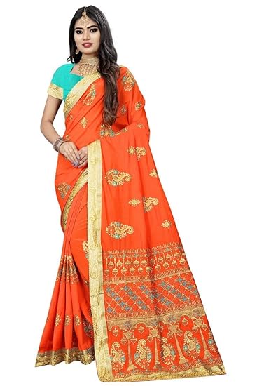 YASHIKA Fashion Womens Designed Orange Embroider Work Saree With Blouse Piece
