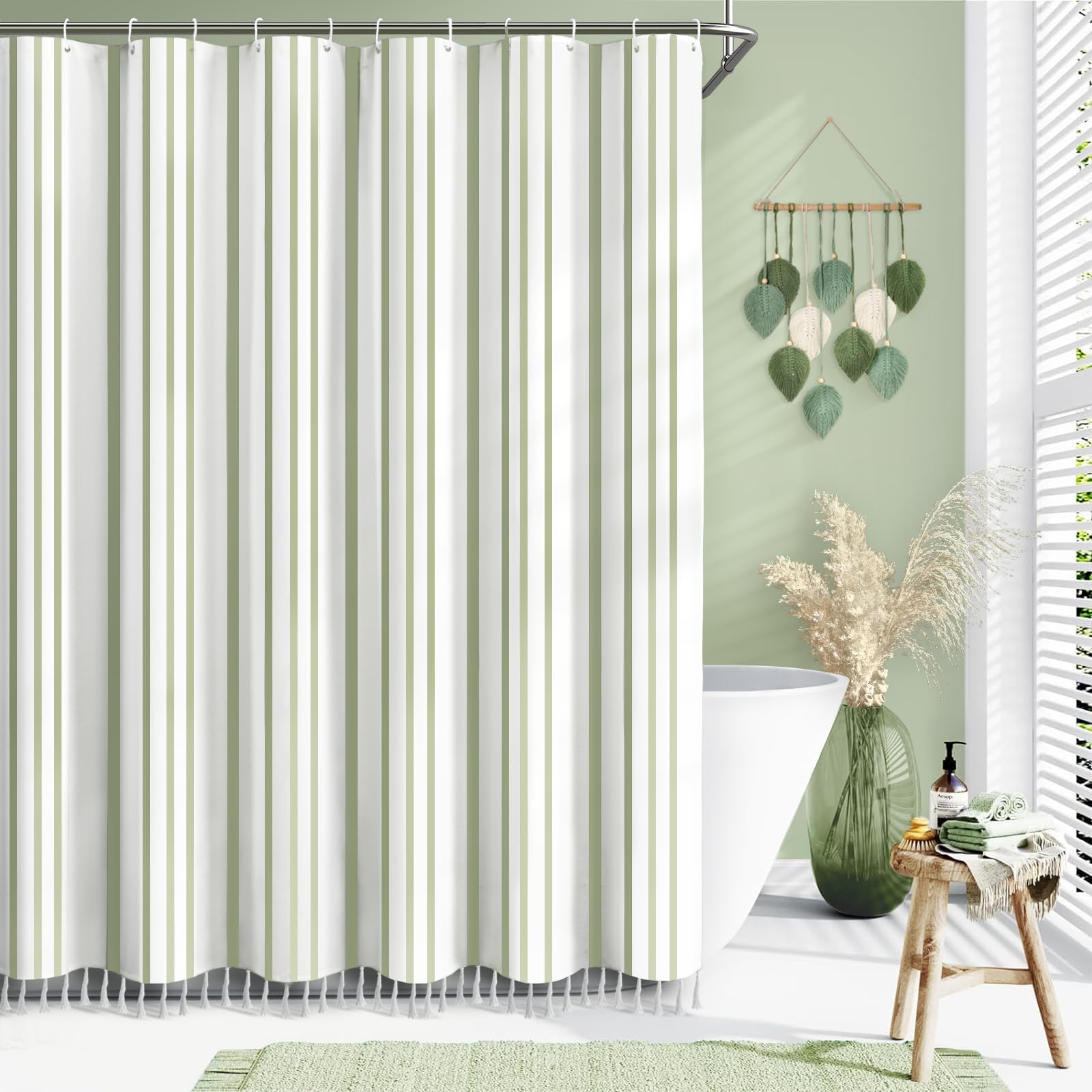 Photo 1 of Awellife Sage Green Boho Shower Curtain Cotton Touch White Cloth Striped Farmhouse Shower Curtain 78 inch for Bathroom