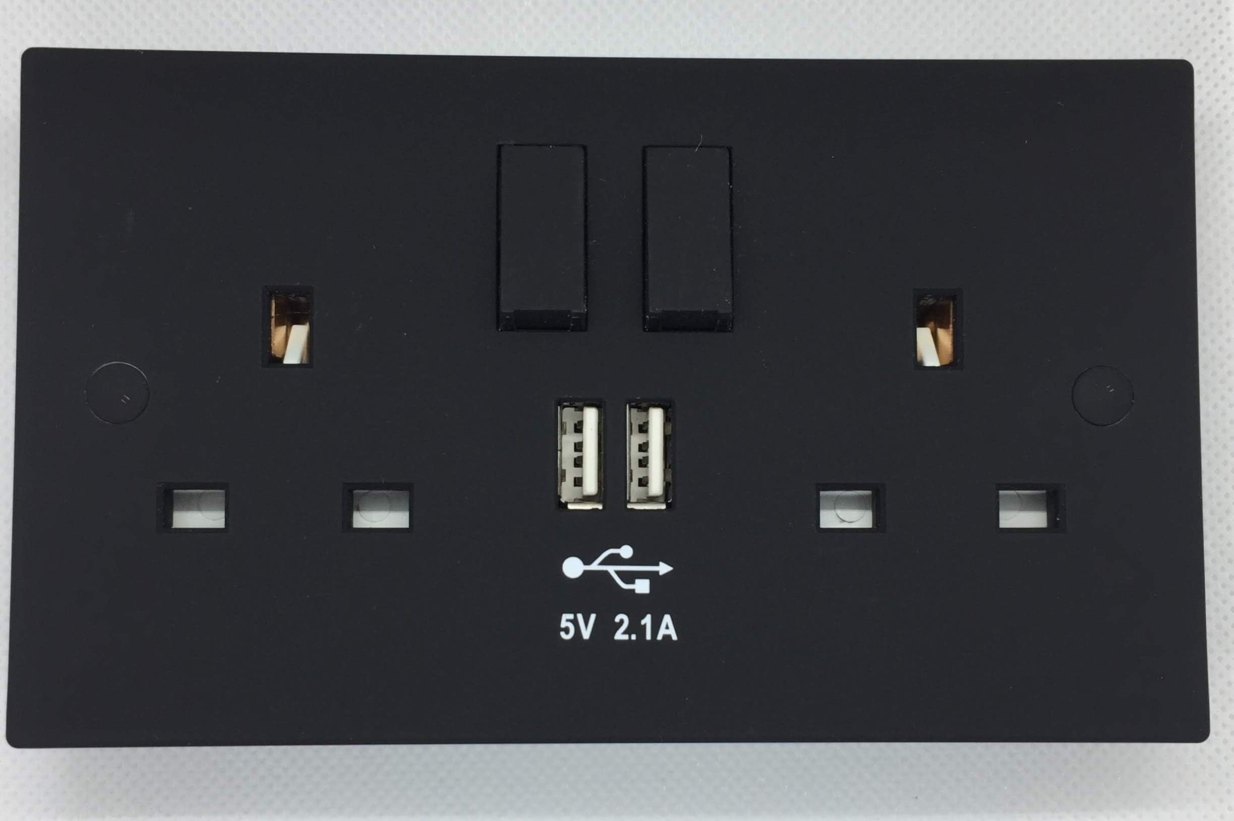 Nitaar Matte Black USB Double Wall Plug Socket 2 Gang 13A with 2 USB Charger Port Outlets Socket Plate
