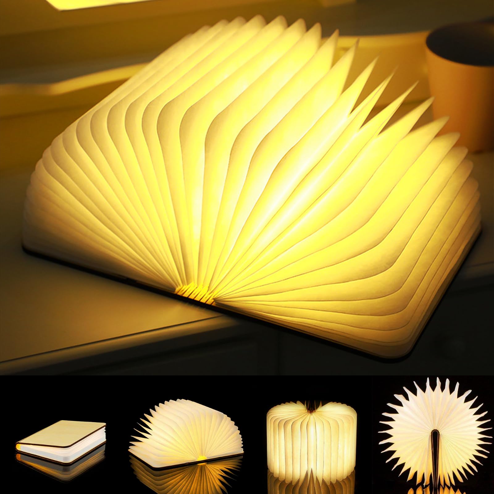 Photo 1 of LOVUMMOR Foldable Book Lamp - Wooden Paper LED Mood Light, USB Rechargeable Night Light, Bedside Table Lamp, Home Decor Gift for Book Lovers