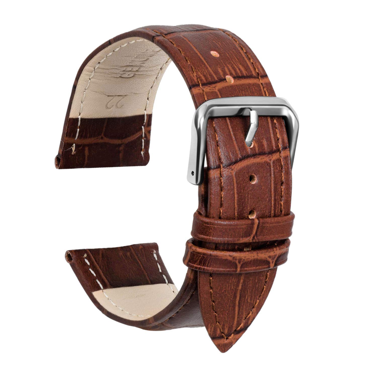 ULLCHRO Watch Strap Replacement Genuine Leather Watch Band Stitched Edging Bamboo Grain - 12, 14, 16, 18, 19, 20, 21, 22, 24 mm Watch Bracelet with Stainless Steel Silver Buckle (22mm, Deep Brown)