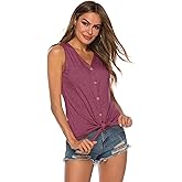 Women's Tie Knot Button Down Shirts Sleeveless Casual Blouse Curved Hemline Tops S-XXL