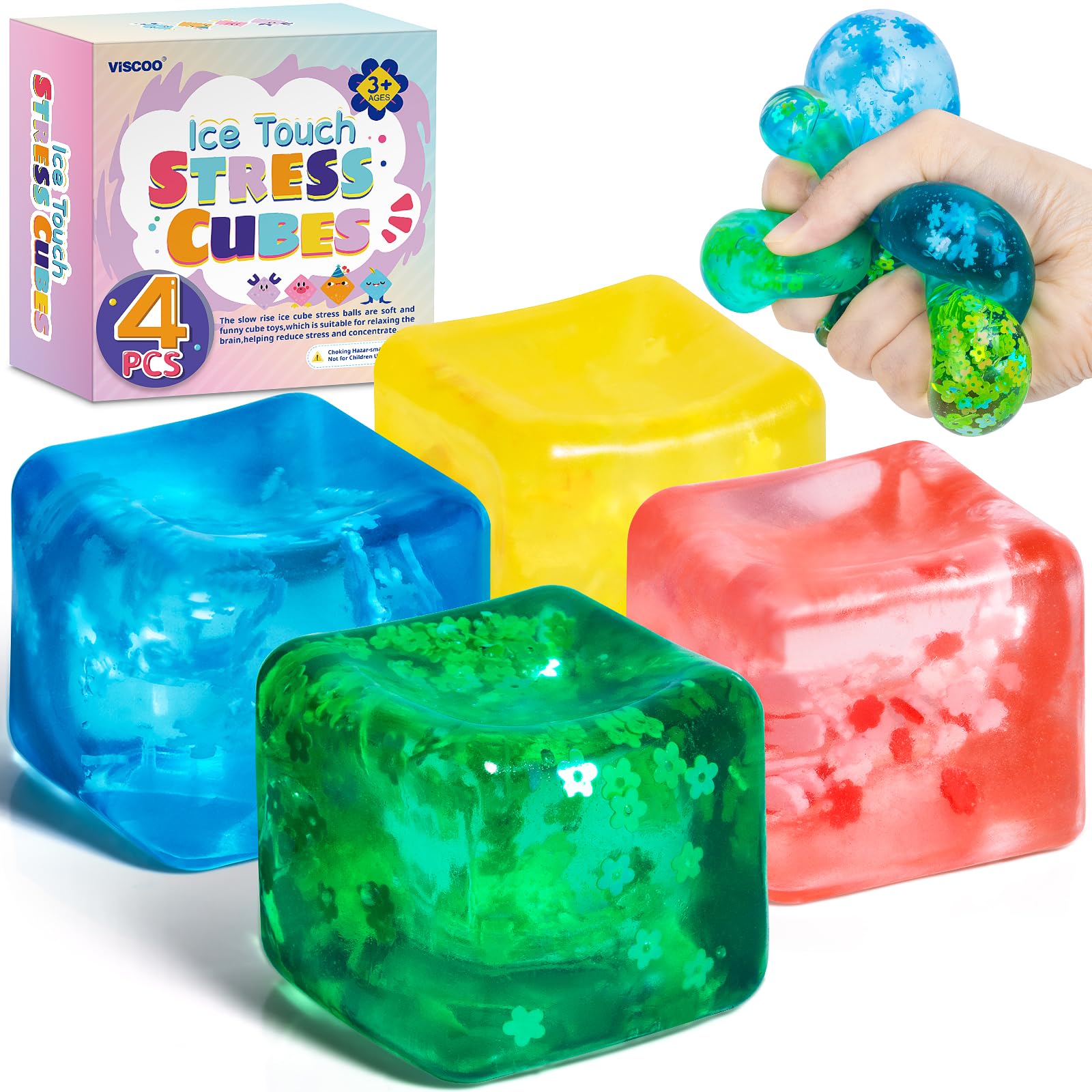 Photo 1 of 4 Pack Fidget Toy Stress Cube, Slow Rise Stress Balls Ice Cube,Mellow and Chill,Square Squishy Balls for Anxiety Relief,Nice Cube Squishy,Prize Box Toys for Kids Classroom Birthday Gifts Party Favors
